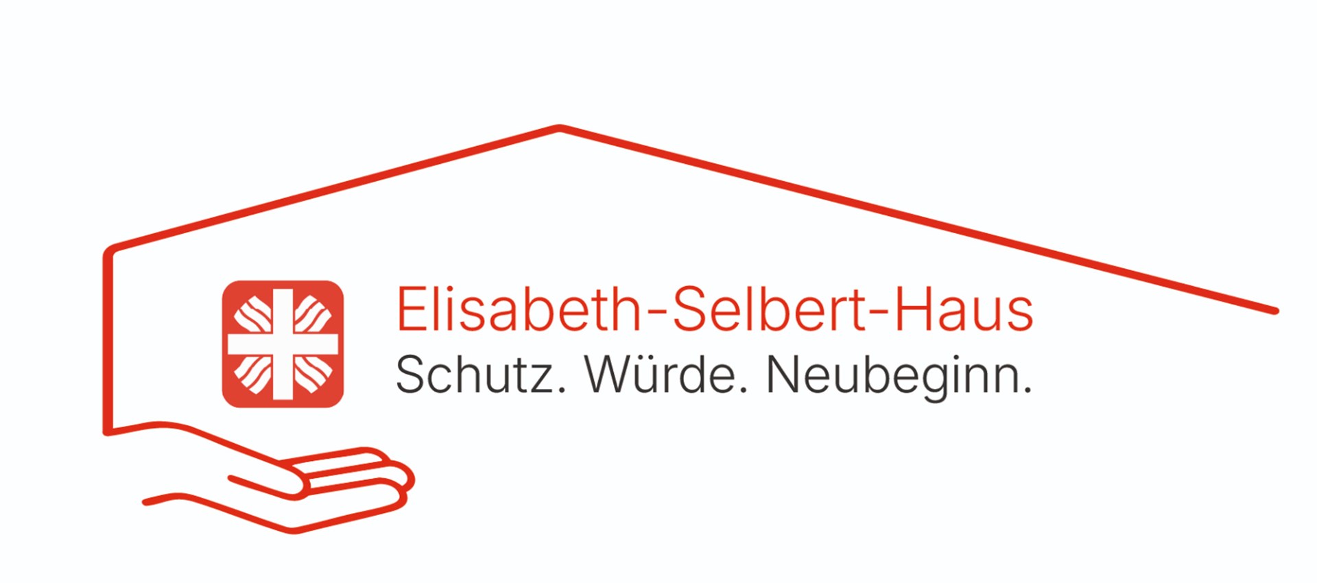 Das Logo zeigt stilisiert eine schützende Hand unter einem Hausdach. Im Haus befindet sich das Caritas-Kreuz. Daneben steht der Schriftzug „Elisabeth-Selbert-Haus” mit dem Leitsatz „Schutz. Würde. Neubeginn.”